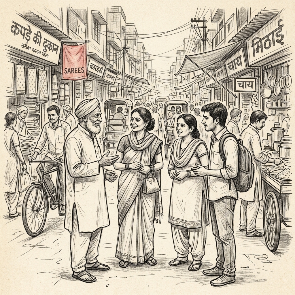 People naturally meeting and talking together in a bustling Delhi market