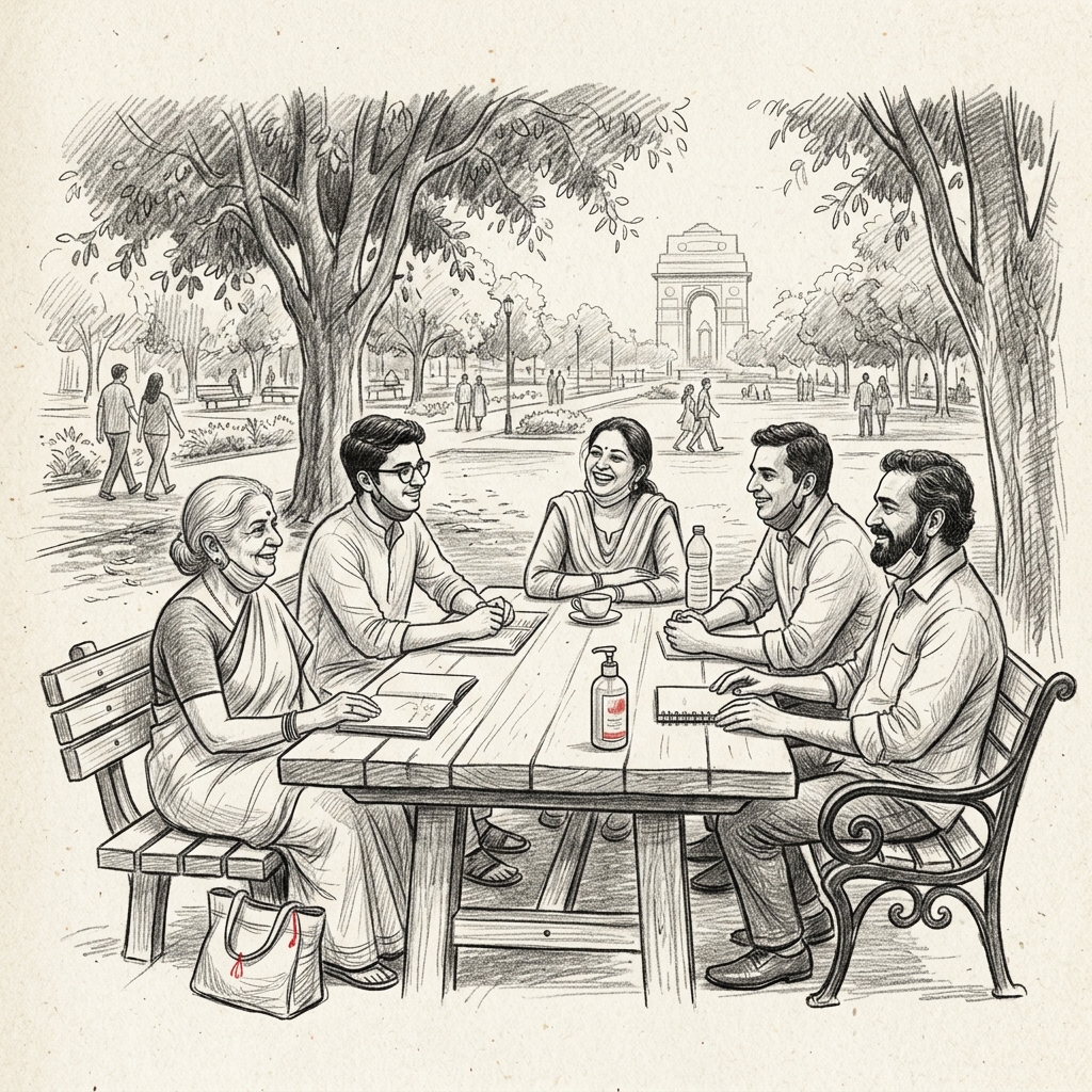 A small group of people meeting safely in a public place conveying security
